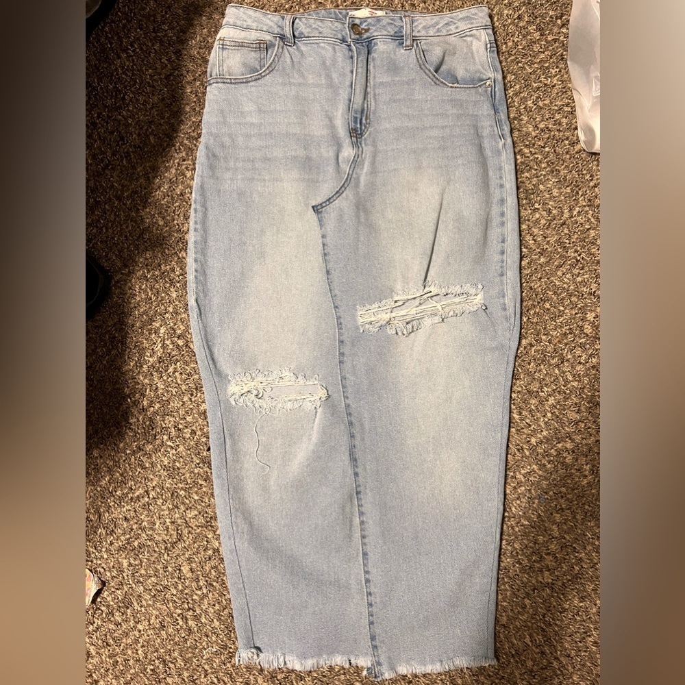Long Distressed Light Wash Denim Skirt